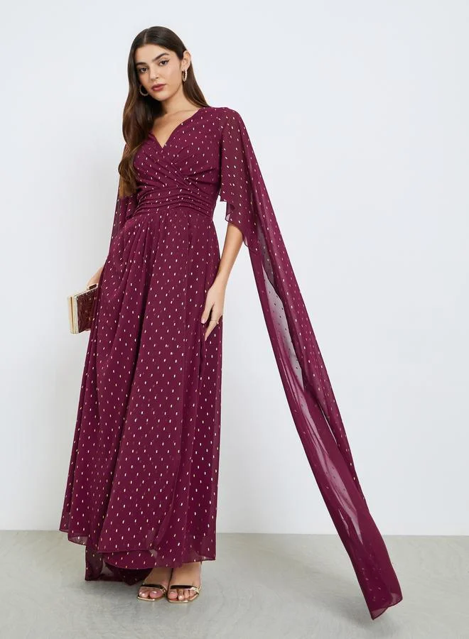 Styli Women Burgundy Foil Print Cape Sleeve Maxi Dress